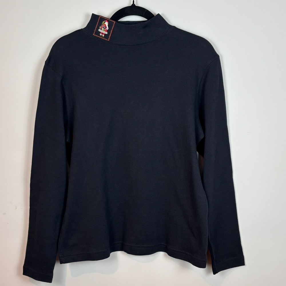 Northern Isles Black Santa Embroidered Mock Neck 100% Cotton Long Sleeve Top SM